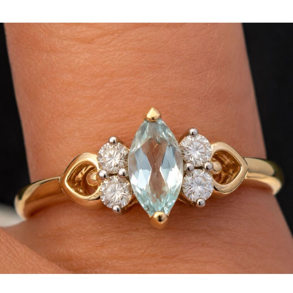 Vintage 1970s Ring Size 6 Genuine Blue Topaz & CZ Marquise Gold Plated - 14Y
